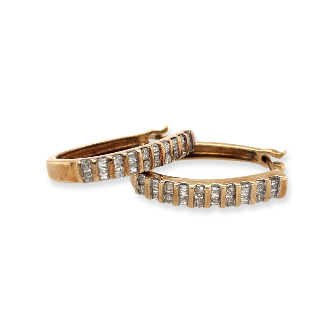 10k Yellow Gold Vintage 1ctw Alternating Round and Baguette Diamond Hoops
