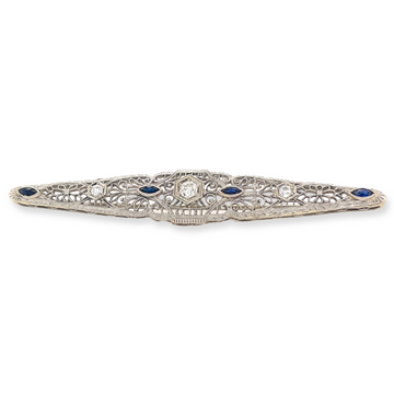 Large 14k White Gold Diamond and Blue Sapphires Antique Art Deco Filigree Brooch, Perfect for Weddings, Something Blue