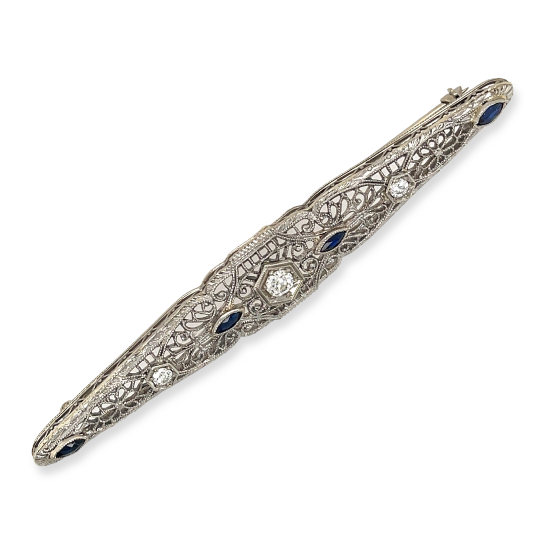 Large 14k White Gold Diamond and Blue Sapphires Antique Art Deco Filigree Brooch, Perfect for Weddings, Something Blue