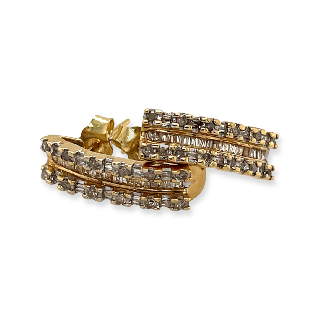 Vintage 10k Yellow Gold .64ctw (I/1) Baguette and Round Diamond Huggie Earrings with Stud Backs