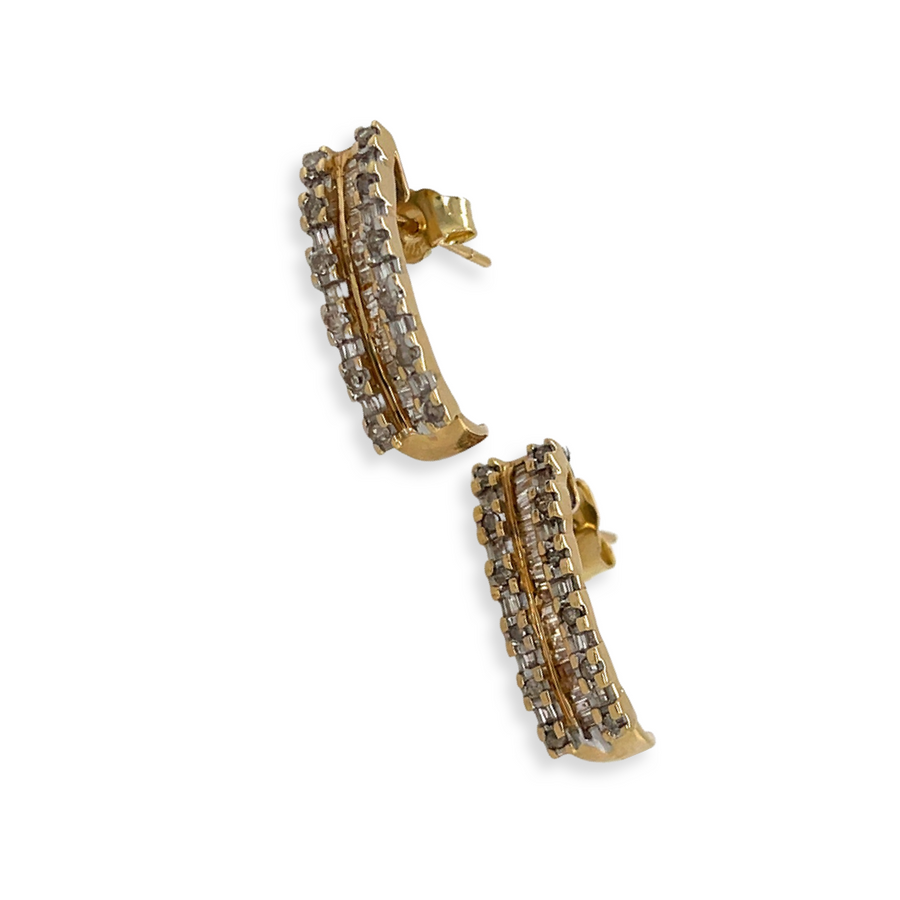 Vintage 10k Yellow Gold .64ctw (I/1) Baguette and Round Diamond Huggie Earrings Showing Sides