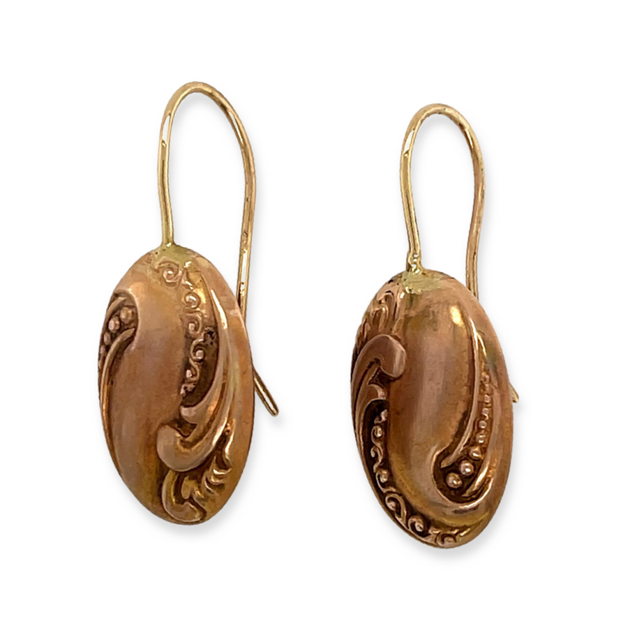 Antique Victorian Repousse Cufflink Conversion Earrings with 14k Yellow Gold Shepherd Hook Ear Wires Drop Earrings