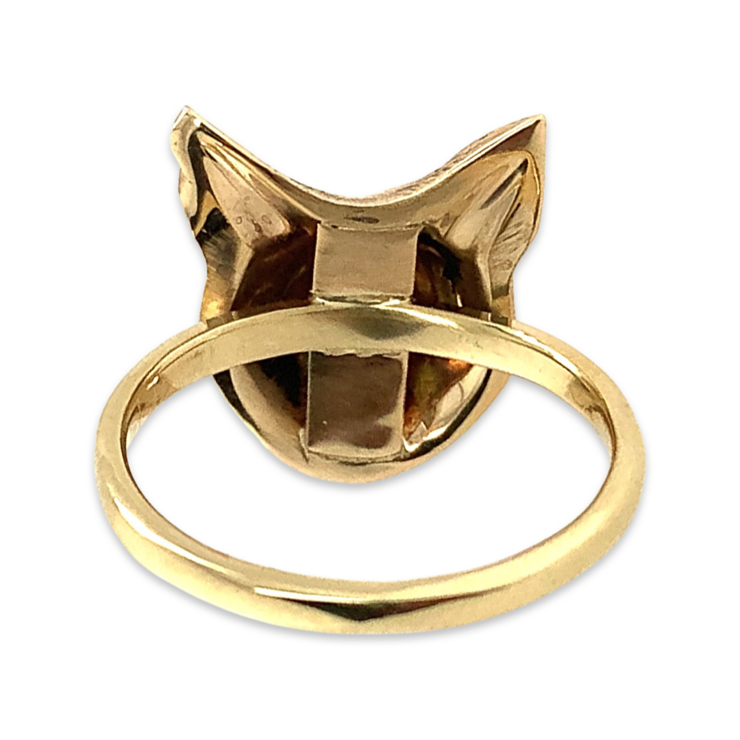 14k Yellow Gold Fox Animal Antique Cufflink Conversion Ring with Ruby Eyes, July Birthstone, Showing Back of Ring