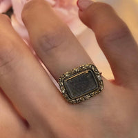 Antique Victorian 9k and 14k Yellow Gold Mourning Hair Conversion Ring on Finger