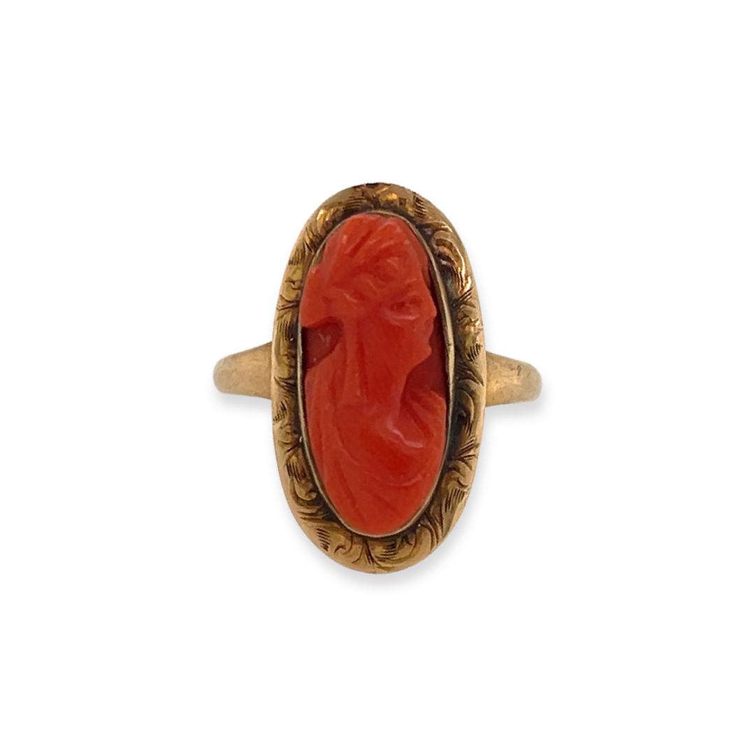 Carved Orange Red Coral Victorian Antique Cameo of Woman in 10k Rosy Yellow Gold Ring