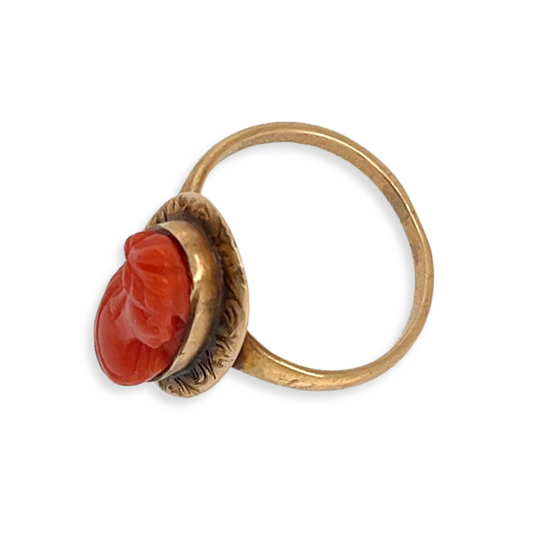 Carved Orange Red Victorian Antique Coral Cameo of Woman in 10k Yellow Gold Ring Shown From Above
