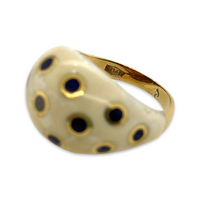 Vintage 18k Yellow Gold Black and White Enamel Dome Ring Polka Dot Unique Statement Ring Hallmark