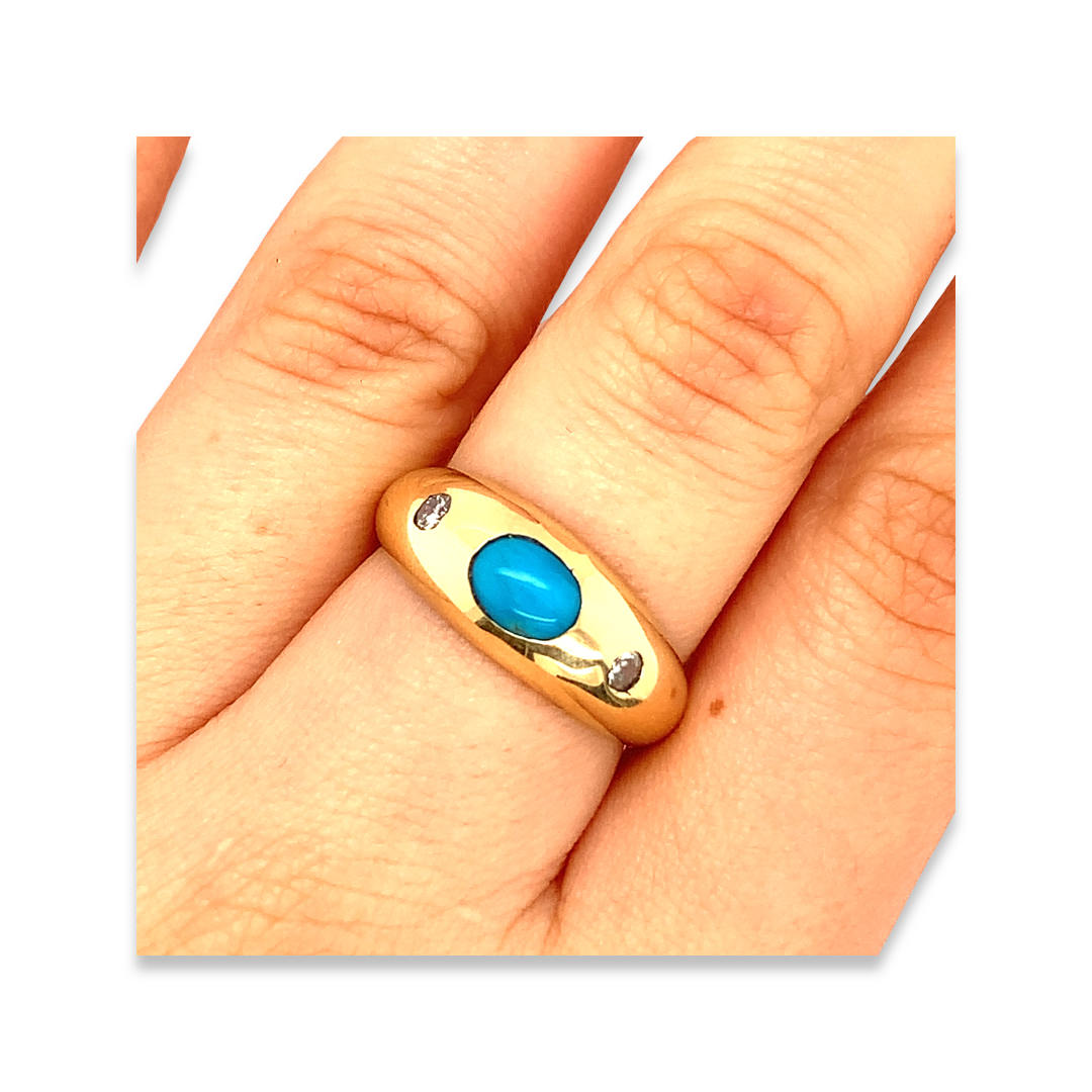 Contemporary 14k Yellow Gold Blue Turquoise and Diamond Flush-Set Dome Ring - December Birthstone, April Birthstone on hand