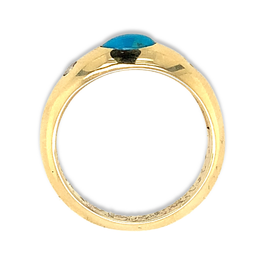 Contemporary 14k Yellow Gold Blue Turquoise and Diamond Flush-Set Dome Ring - December Birthstone, April Birthstone Side View