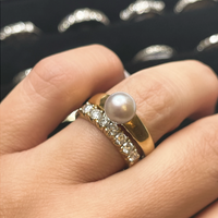 Vintage 18k Yellow Gold Pearl Solitaire Ring, Alternative Wedding Bridal Engagement Shown on Hand With Diamond Band