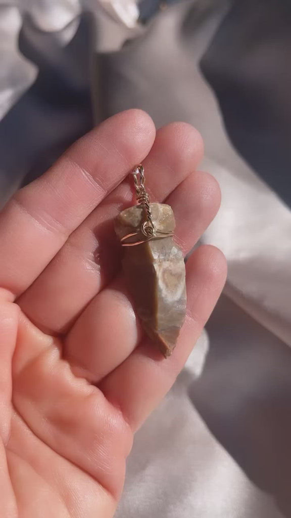 Video of 14k Yellow Gold Wire-Wrapped Ancient Agate Arrowhead Pendant in Hand