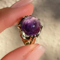 Antique belcher-set amethyst cabochon statement ring in 8k yellow gold