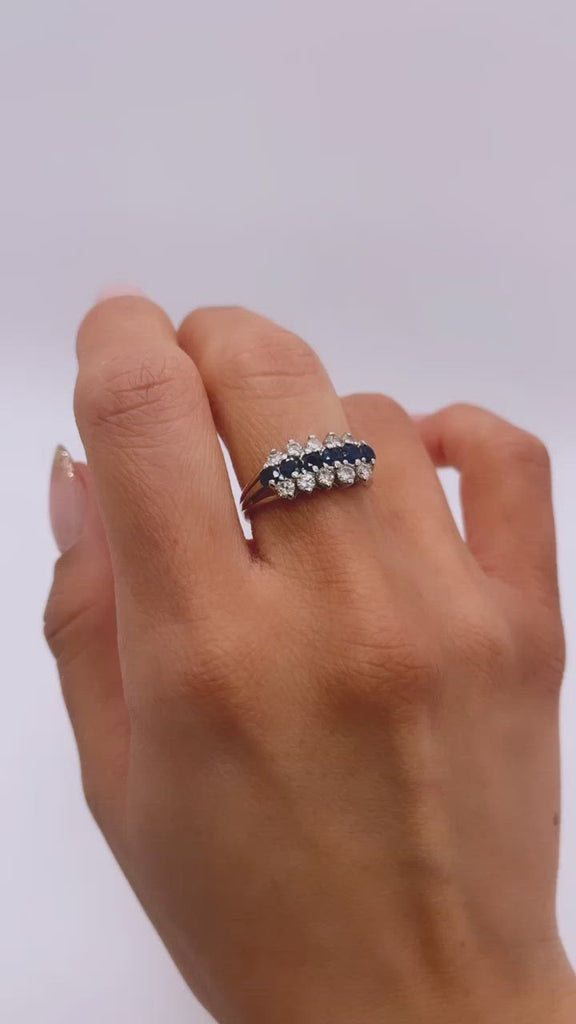 Video of Three Row 14k White Gold Ring with Two Rows of White Diamonds and a Row of Blue Sapphires, Vintage Something Blue Wedding Anniversary Ring on Hand