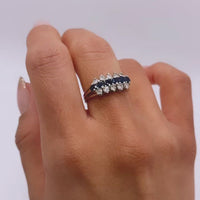 Video of Three Row 14k White Gold Ring with Two Rows of White Diamonds and a Row of Blue Sapphires, Vintage Something Blue Wedding Anniversary Ring on Hand