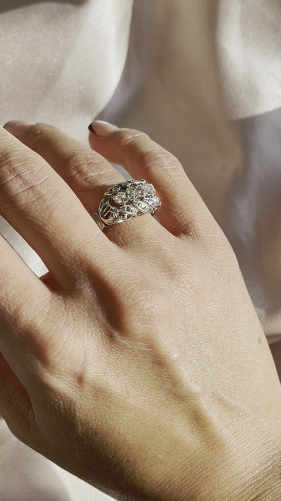 Video of Antique 14k White Gold Belle Epoque-Era Old Mine Cut Diamond Filigree Ring Alternative Engagement Wedding Anniversary Bridal on Ring Finger