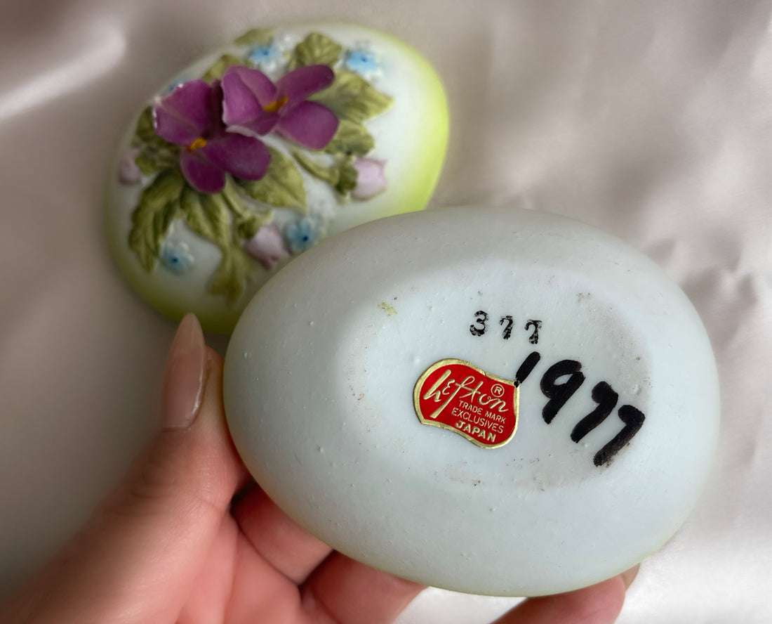 Vintage 1970s porcelain handpainted made in Japan Lefton egg shaped jewelry box