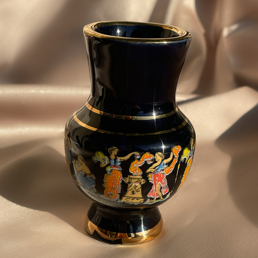 Vintage souvenir Greek ceramic vase with handpainted dancing figures