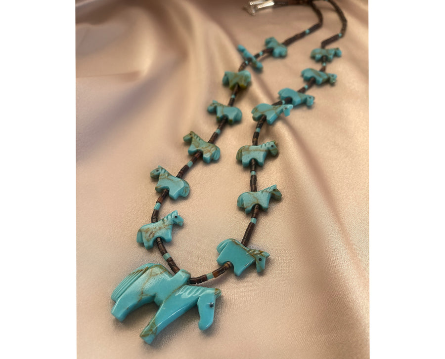 Vintage Zuni Native American fetish necklace with carved turquoise horse beads