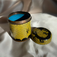 Antique Art Deco Chinese import yellow and blue cloisonne enamel box with lid and dragon detail