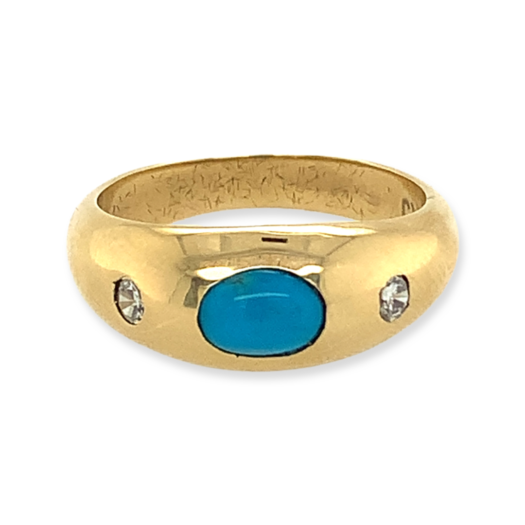 Contemporary 14k Yellow Gold Blue Turquoise and Diamond Flush-Set Dome Ring - December Birthstone, April Birthstone