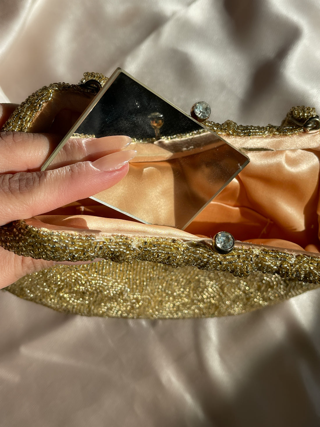 handmade in japan Delill gold beaded purse with pink silk interior, dated to 1930s