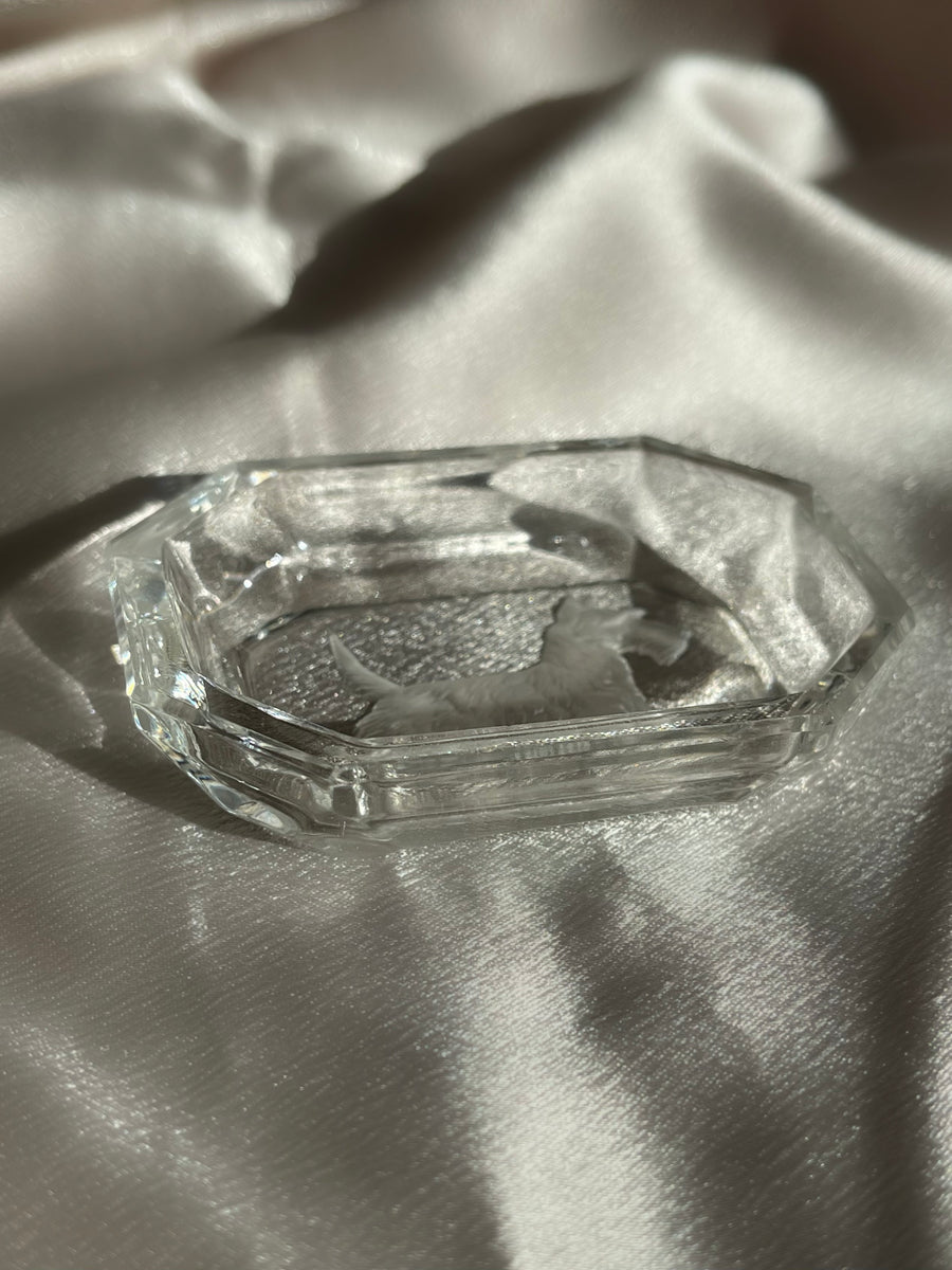 A glass vintage mid-century tray with a Scottish terrier Scottie dog carved into it