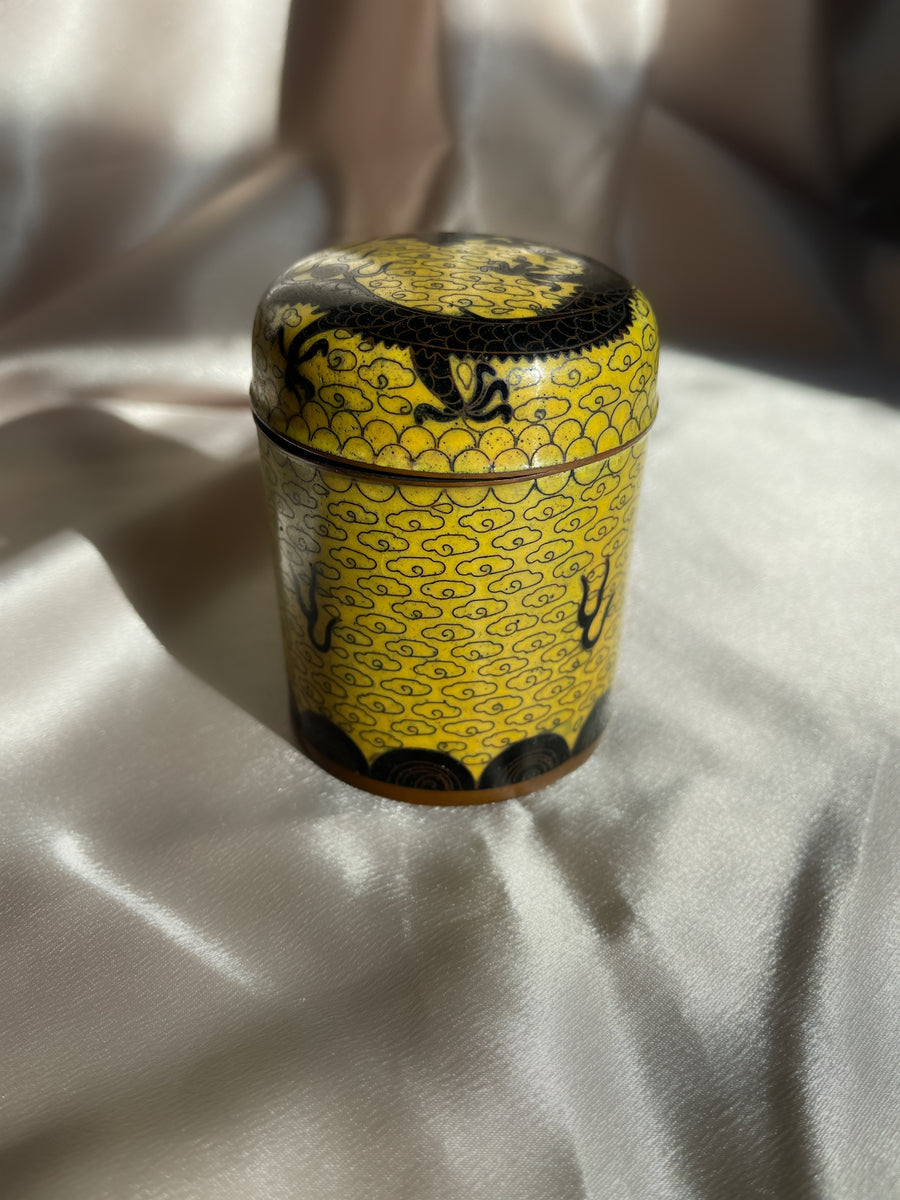 Antique Art Deco Chinese import yellow and blue cloisonne enamel box with lid and dragon detail