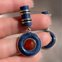 A pair of vintage sterling silver earrings with lapis lazuli stone and round carnelian stone