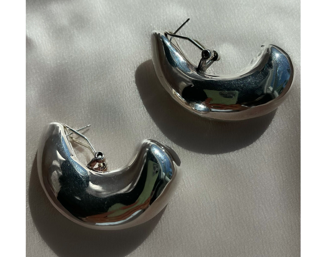 Chunky Vintage Sterling Silver Puffy Drop Half-Hoop Leverback-Post Earrings