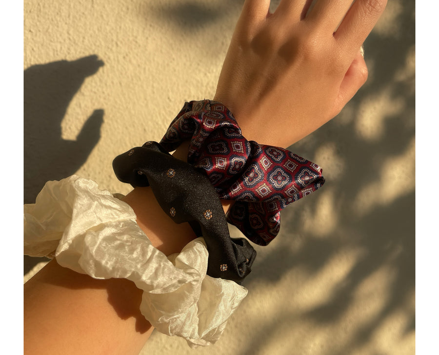 a black vintage silk fabric handmade hair scrunchie scrunchy tie with floral detail